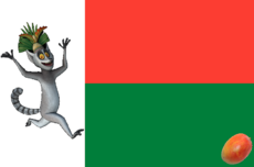 Flaga Madagaskaru. Na tle barw narodowych jaśnie panujący Król Julian, w prawym dolnym rogu krajowa waluta – mango